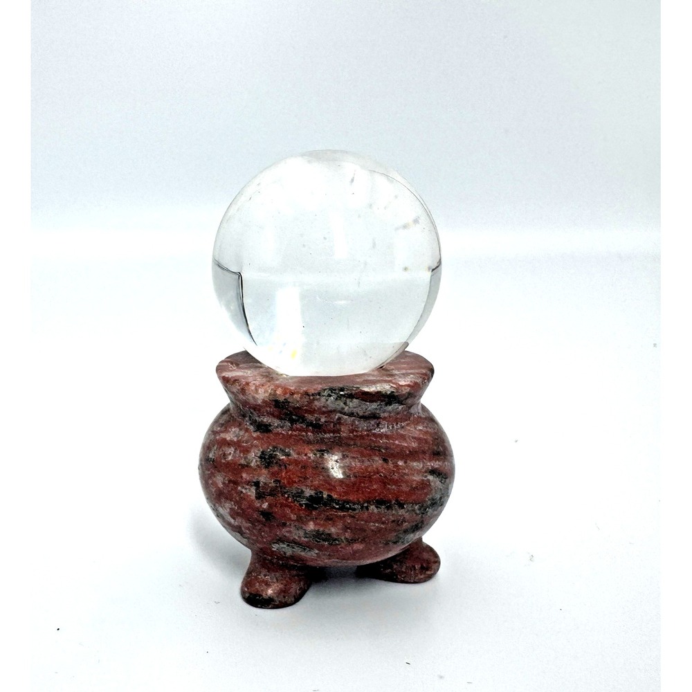 Mini Clear Crystal Ball Sphere on Carved Red Stone Elephant Stand Figurine Decor